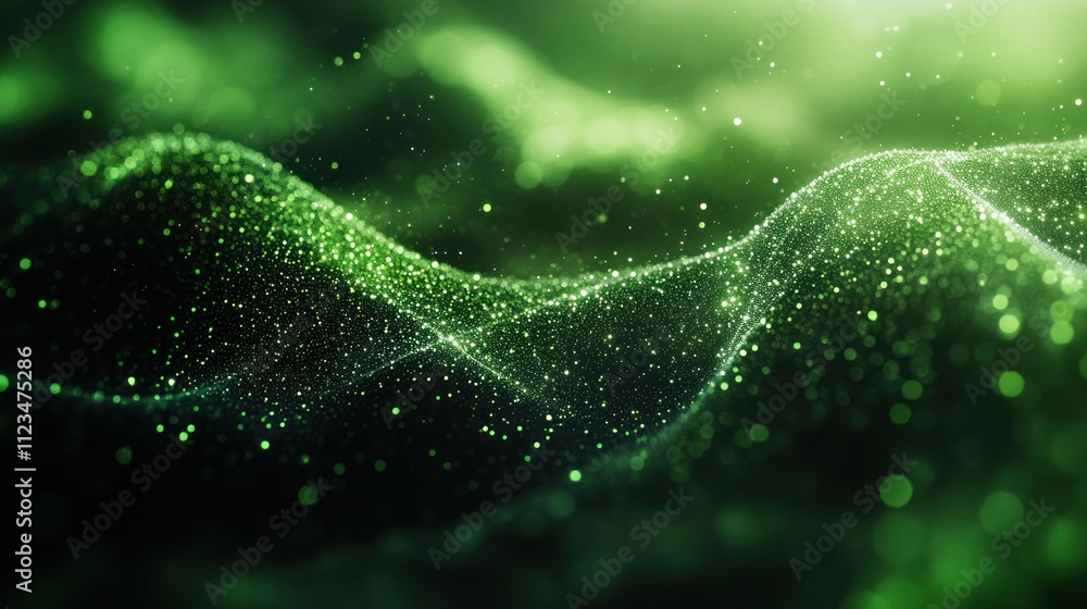 Poster abstract green waves with sparkling particles