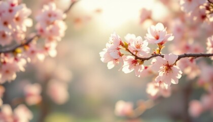 Obraz premium Delicate cherry blossom branches in bloom with soft sunlight in a dreamy spring atmosphere