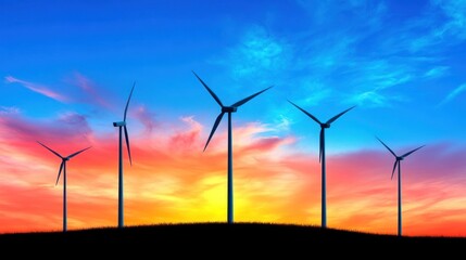 Obraz premium Renewable Energy at Sunset: Wind Turbines Spinning on Hilltop with Vibrant Sky and Scenic Landscape