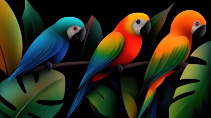 Obraz premium Three colorful parrots perched on a branch, surrounded by lush green leaves, on a dark background.