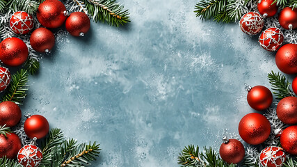 Festive Christmas border with red ornaments ,The ground is snow