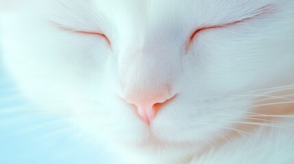 Fototapeta premium Serene Human-Cat Hybrid with White Fur in Minimalist Environment - A Tranquil Close-Up Portrait of Peaceful Ethereal Beauty