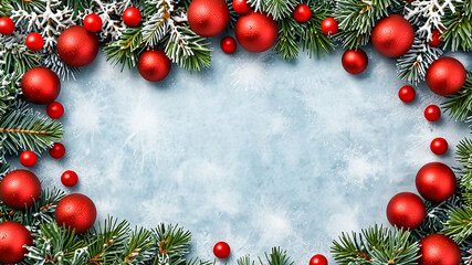 Festive Christmas border with red ornaments ,The ground is snow