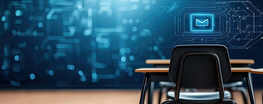 Digital Literacy  cybersecurity  communication Modern classroom with a digital backdrop and an empty chair at the desk.