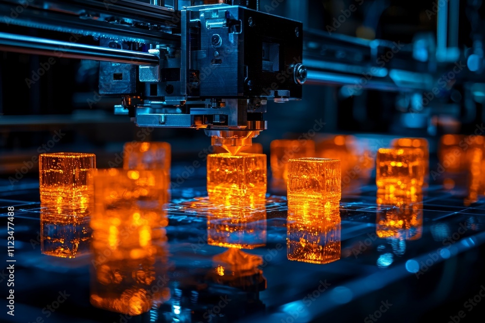 Poster 3d printer operates indoors building vibrant objects layer layer. process illuminated showcasing fin