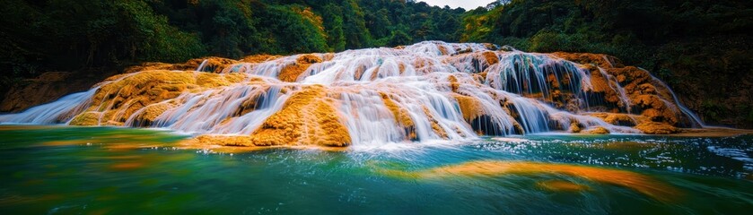 Fototapeta premium A stunning waterfall cascades over colorful rock formations, creating a serene natural landscape surrounded by lush greenery.