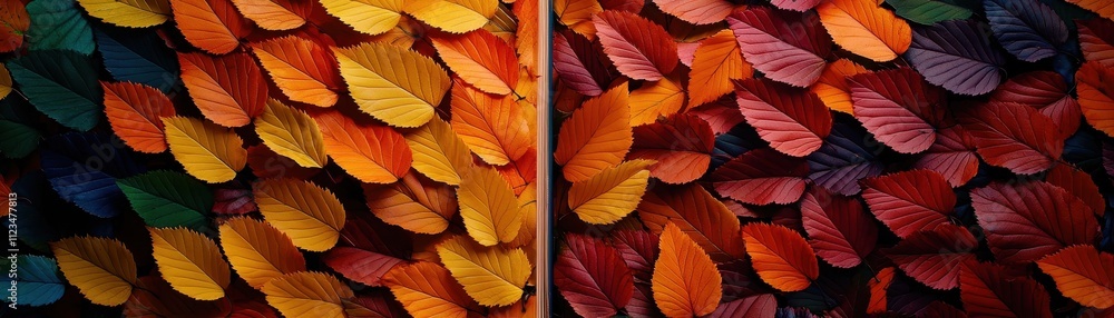 Poster a vibrant display of colorful leaves arranged in overlapping patterns, showcasing a harmonious blend
