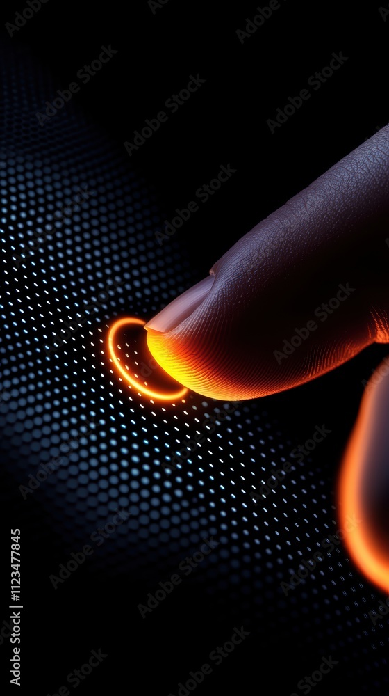 Poster a close-up of a finger touching a glowing circular interface, highlighting interaction with modern t