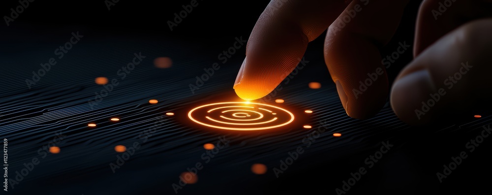 Poster a glowing circle is activated by a fingertip, symbolizing interaction with technology through digita