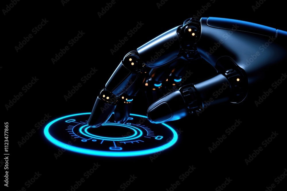 Poster a robotic hand interacts with a glowing interface, showcasing advanced technology and futuristic des