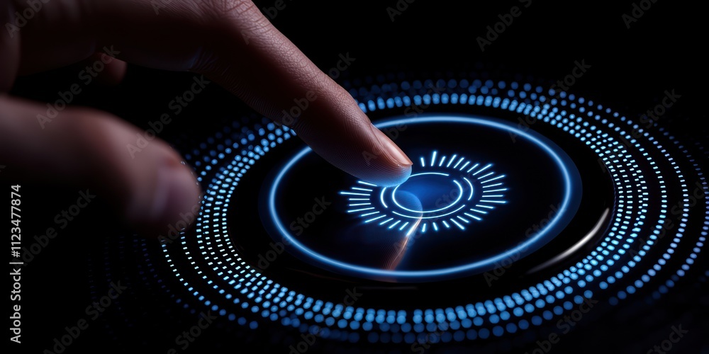 Poster a close-up of a finger interacting with a glowing, circular touchscreen interface, showcasing intric