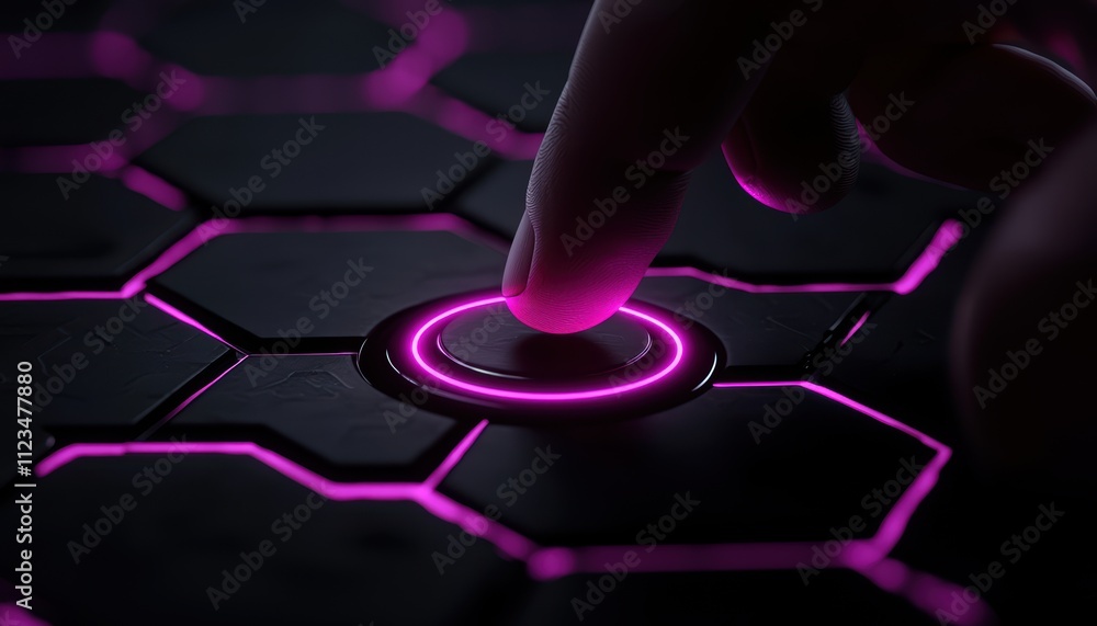 Poster a finger touches a glowing, circular button on a hexagonal-patterned surface, illuminated in vibrant