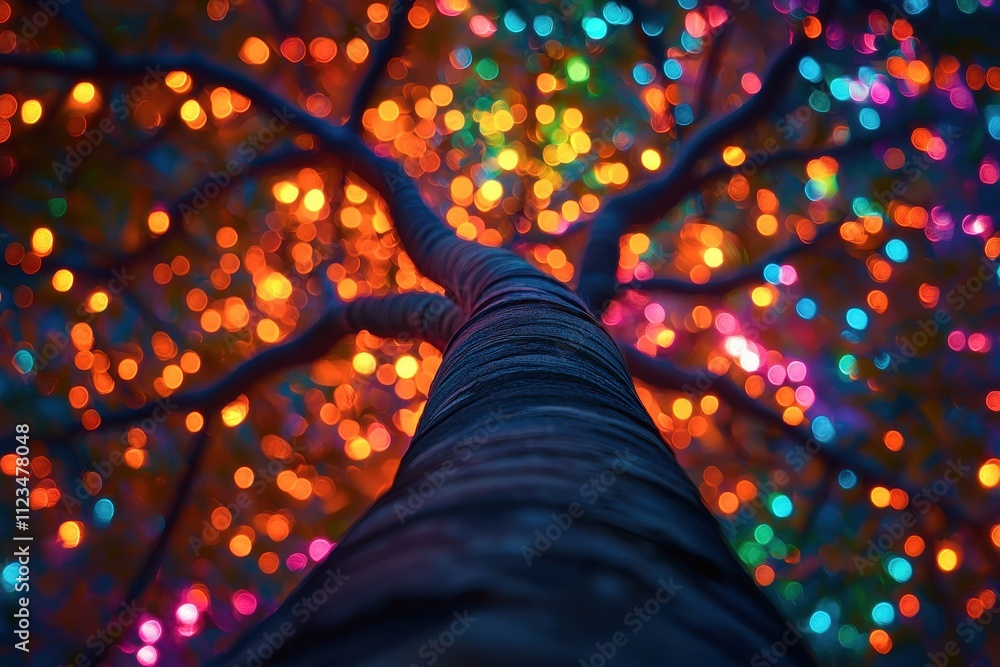 Poster a mesmerizing view looking up a tree trunk adorned with colorful lights, creating a vibrant atmosphe