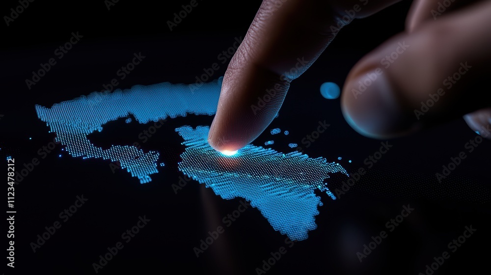 Poster a finger touches a glowing digital map, highlighting interactive technology and data visualization i