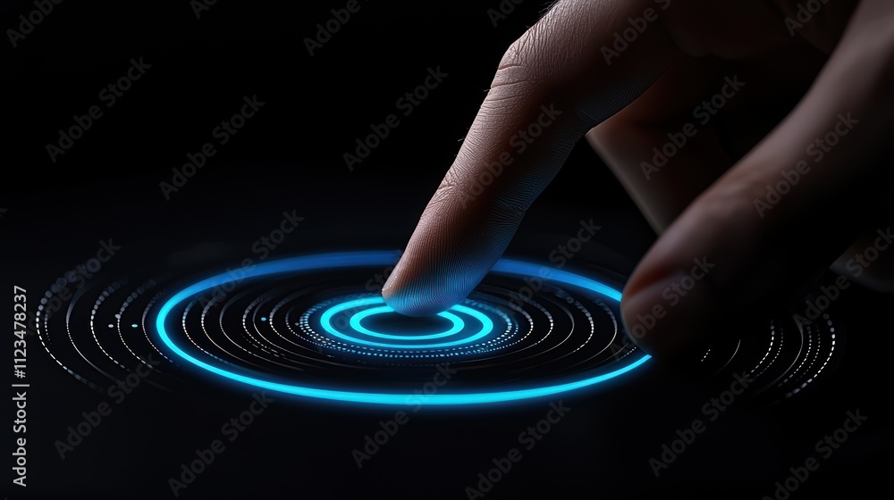 Poster a finger hovers over a glowing circular interface, creating vibrant light waves in a dark environmen