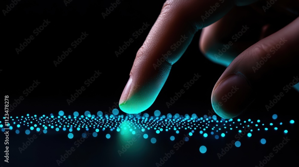 Poster a close-up of a finger gently touching a surface adorned with glowing blue dots, creating a visually