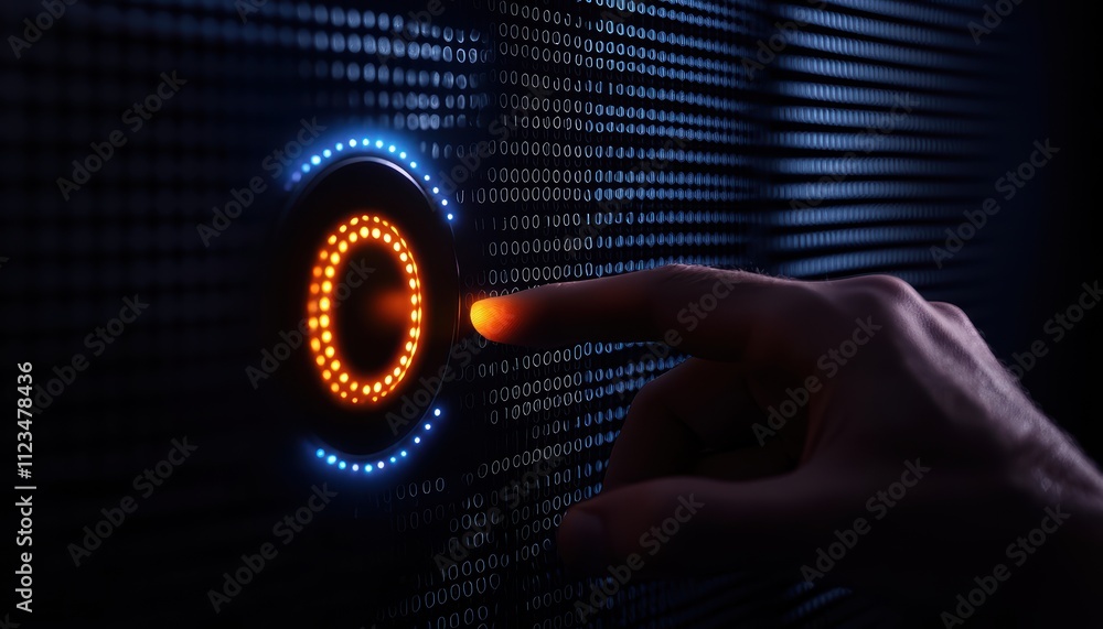 Poster a hand is pressing a glowing button on a dark, digital display, illustrating technology and interact
