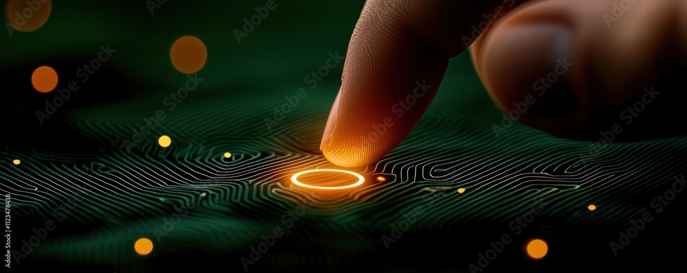 Poster a close-up of a finger touching a glowing circle on a digital surface, symbolizing interaction with 