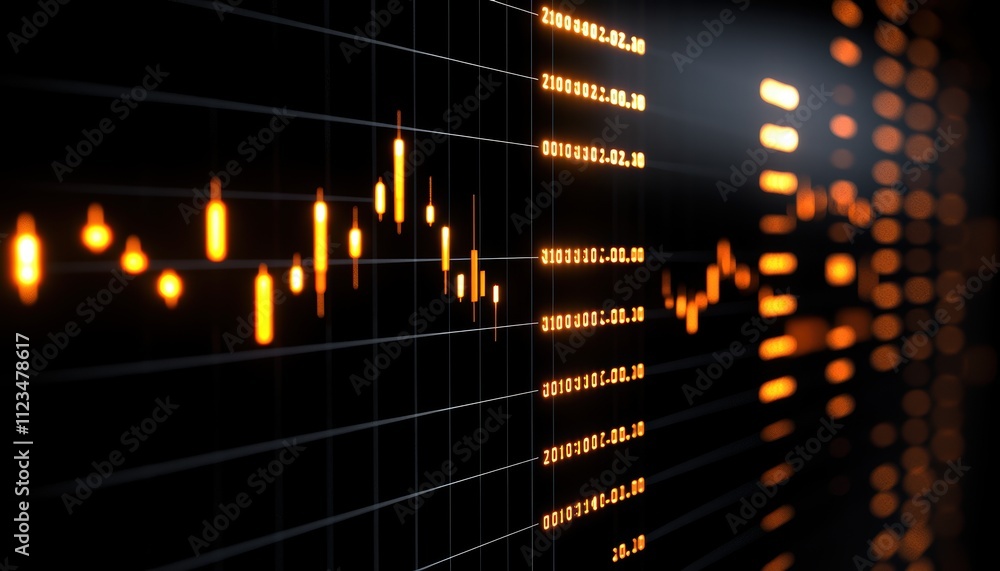 Poster a close-up view of a financial chart displaying fluctuating data points, with glowing orange lines a