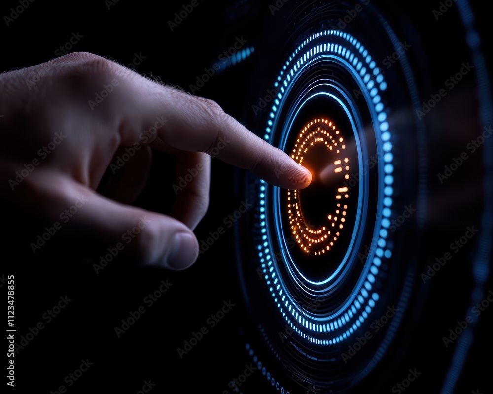Poster a close-up of a hand interacting with a digital interface, showcasing glowing circles and lines, rep