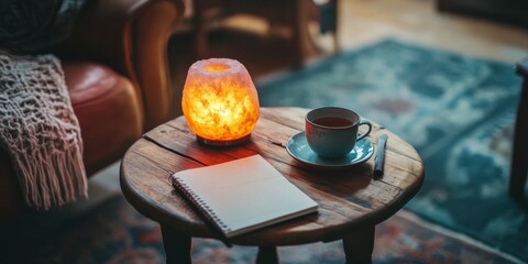 A small wooden table with a journal, a cup of tea, and a glowing Himalayan salt lamp, creating a peaceful self-care ambiance in a cozy room"