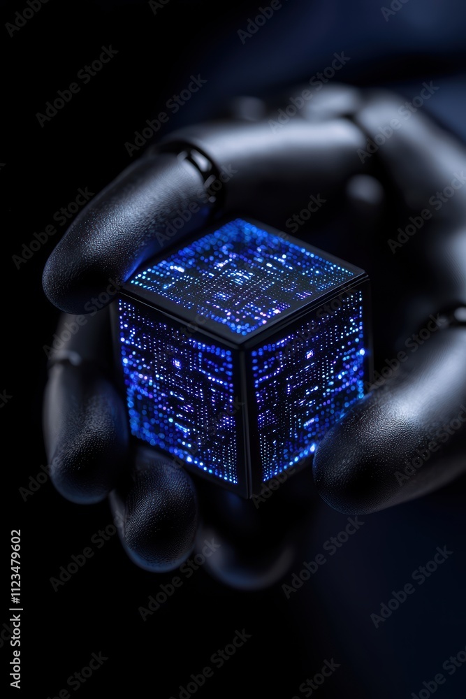 Poster a robotic hand holds a glowing blue cube, featuring intricate circuit patterns, symbolizing technolo