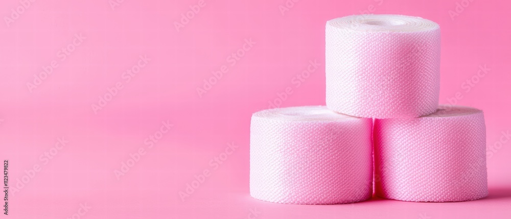 Poster three pastel pink rolls arranged in a triangular formation against a soft pink background, creating 