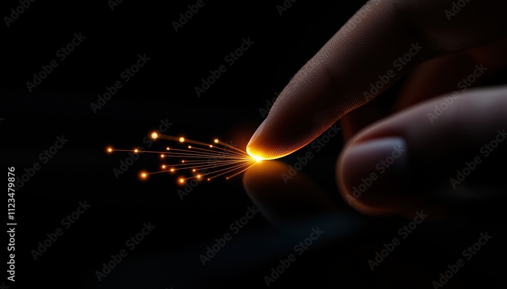 Poster a glowing fingertip touches a surface, creating a sparkling effect against a dark background, symbol