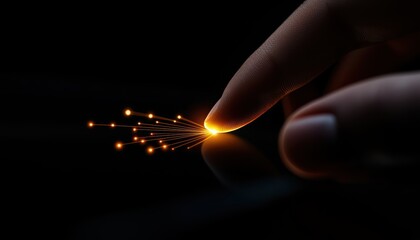 A glowing fingertip touches a surface, creating a sparkling effect against a dark background, symbolizing connection or energy.