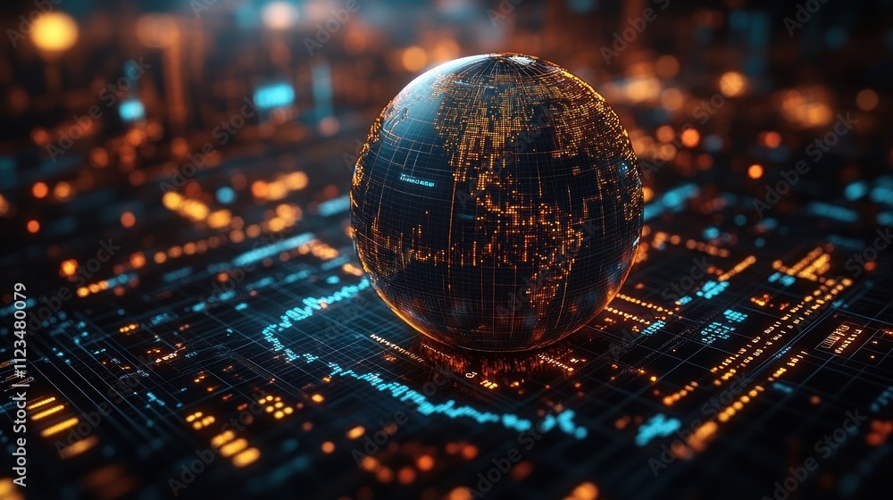 Poster digital globe on data grid with glowing elements