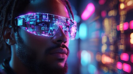 Futuristic individual wearing high-tech augmented reality glasses