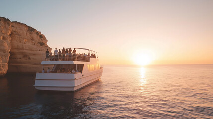 Obraz premium Sunset Cruise Tourists Admiring Coastal Cliffs from Luxurious Boat
