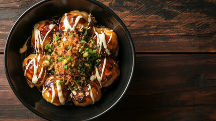 A bowl of takoyaki (octopus balls) drizzled with bonito flakes, sauce, and mayo, placed on a rustic wooden table. 