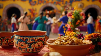 Fototapeta premium Festive table with traditional foods and floral arrangements