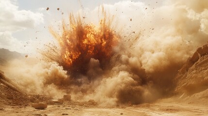 A dramatic explosion in a desert landscape, creating a cloud of dust and debris.