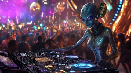 Fototapeta premium Alien DJ performing at vibrant party scene