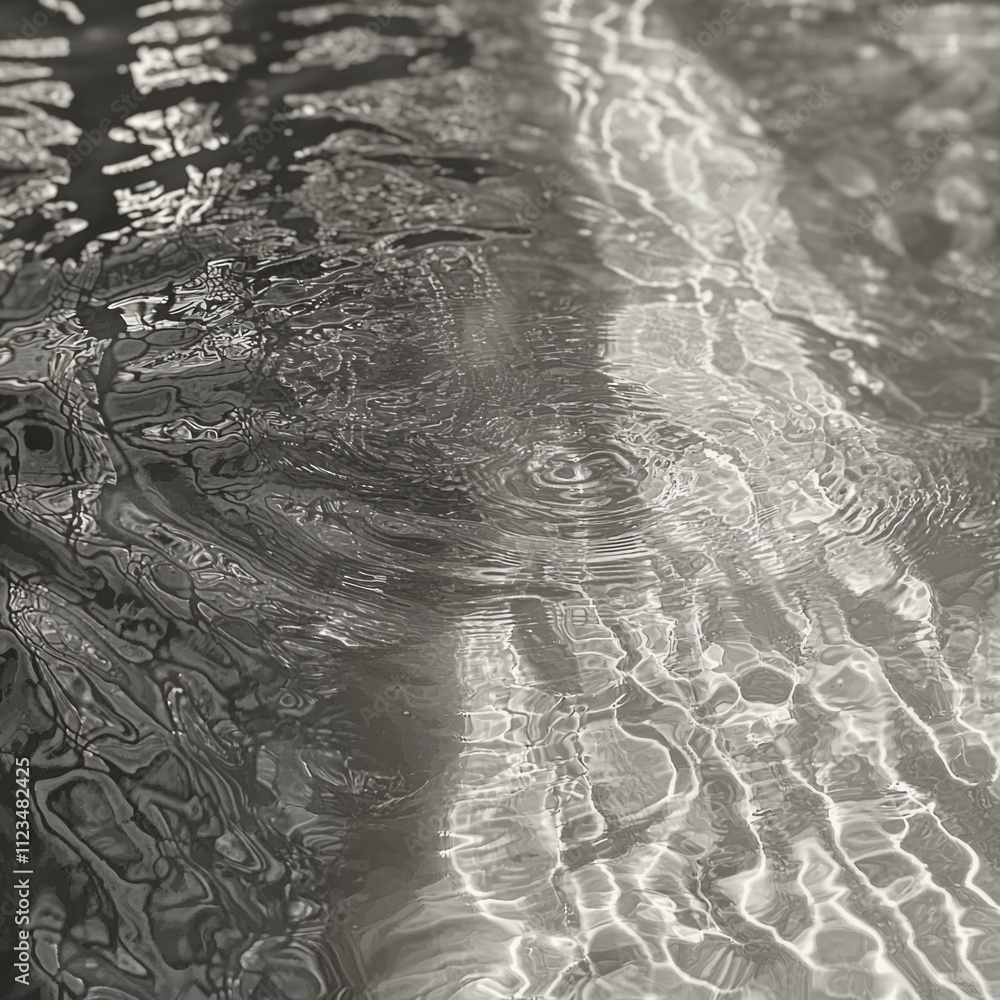 Poster water ripples form intricate abstract patterns as light reflects their surface. scene captures fluid