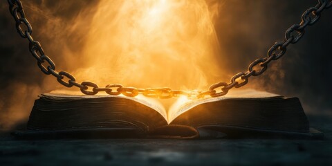 A symbolic image of chains wrapped around an open journal, with faint rays of light breaking through the links, representing blocked creativity and hope"