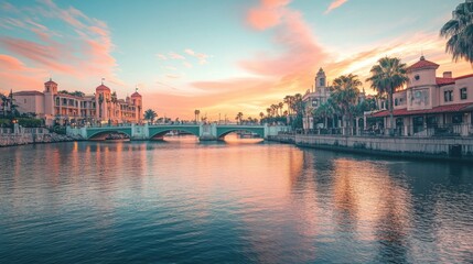 Obraz premium Sunset over bridge of lions and palms