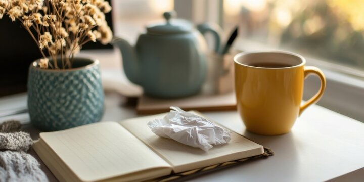 A therapist's desk with an open notepad, a box of tissues, and a cup of tea, emphasizing the atmosphere of a safe space for healing"