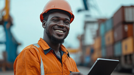 African american happy smiling man using tablet at harbor, shipping engineer in helmet monitors industry, business transport control for cargo safety, container freight management.