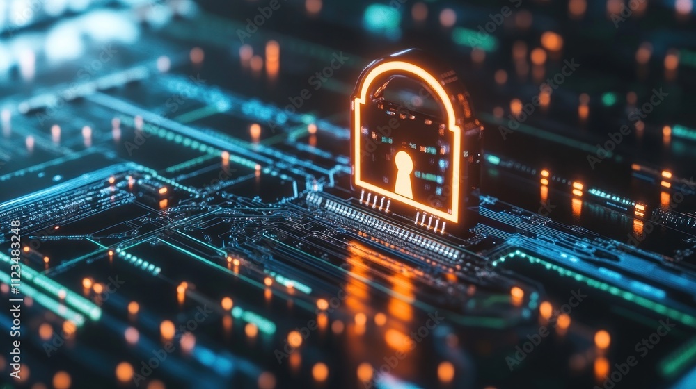 Poster digital lock symbol on circuit board background