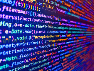 Big overload blockchain data. Digital world. Color coding on screen. Developer work. Software development monitor screen background. Binary code. 1100101 blau. Blue monitor and window.