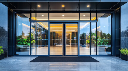 Hotel entrance with glass door, building grand hall welcomes guests, lobby exudes luxury and business class comfort, modern architecture defines interior.