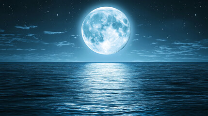 Silvery moonlight across sea expanse, ocean water surface with reflection, night casting blue toward horizon line, beautiful scene in ethereal mysterious tranquil glow.