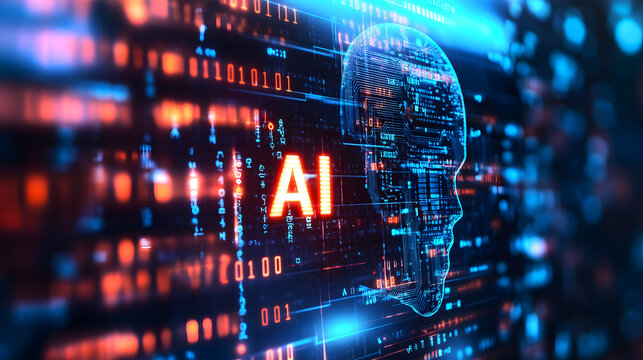 AI chip floating in a digital environment with glowing binary rain