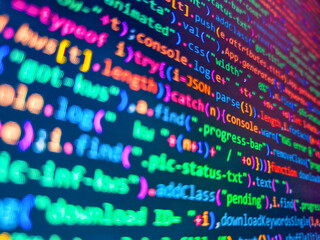 Image of statistics and financial data processing over black background. Software code or script  abstract background with numbers. Binary code computer language data transfers. Blue php.