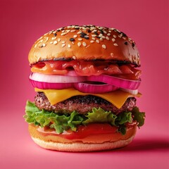 Juicy cheeseburger with sesame bun, lettuce, red onion, and melted cheese on pink background.