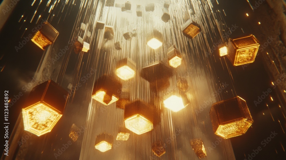 Poster floating luminous cubes in cascading light environment