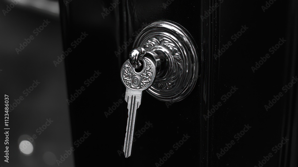 Poster a close-up of a key inserted into a decorative door lock, symbolizing security and access.